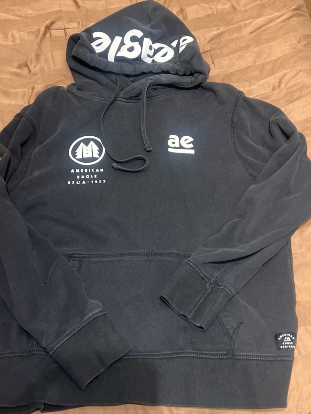 American Eagle Outfitters Black Pullover Hoodie with White 'ae' & Logo Prints